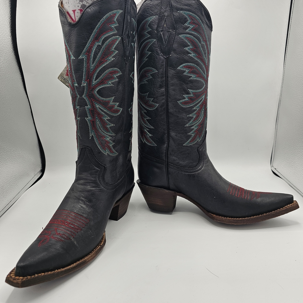 Black Cowboy Boots with Red and Teal Embroidery